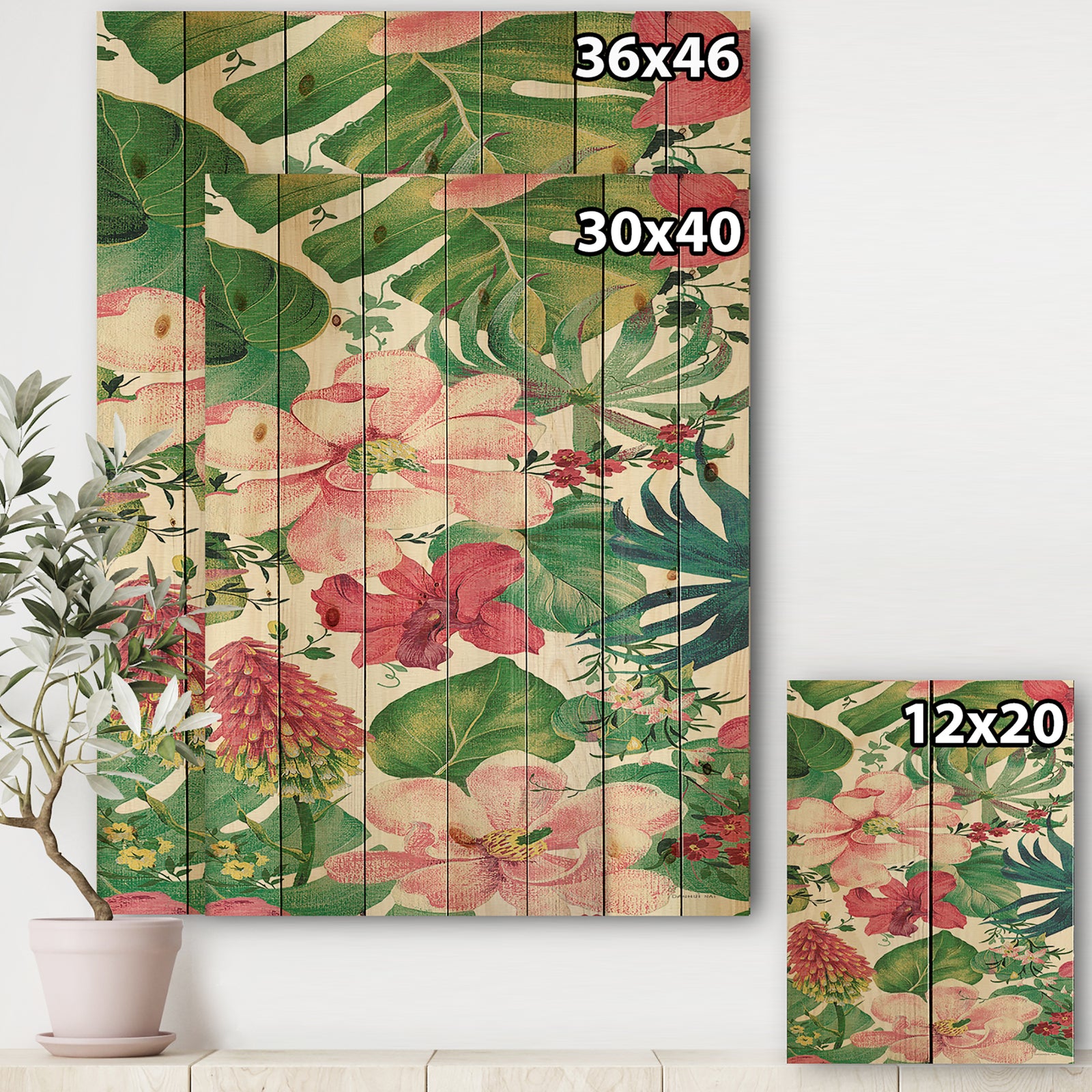Tropical Red and Pink Flowers - Cabin & Lodge Print on Natural Pine Wood