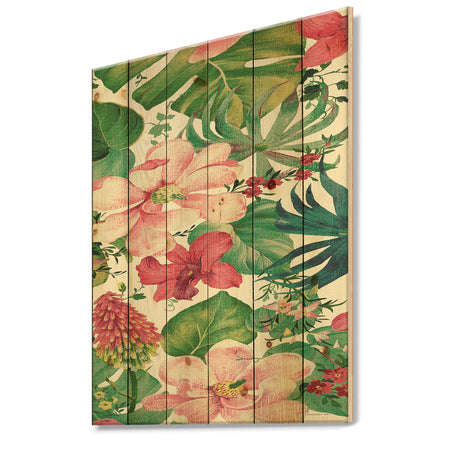 Tropical Red and Pink Flowers - Cabin & Lodge Print on Natural Pine Wood