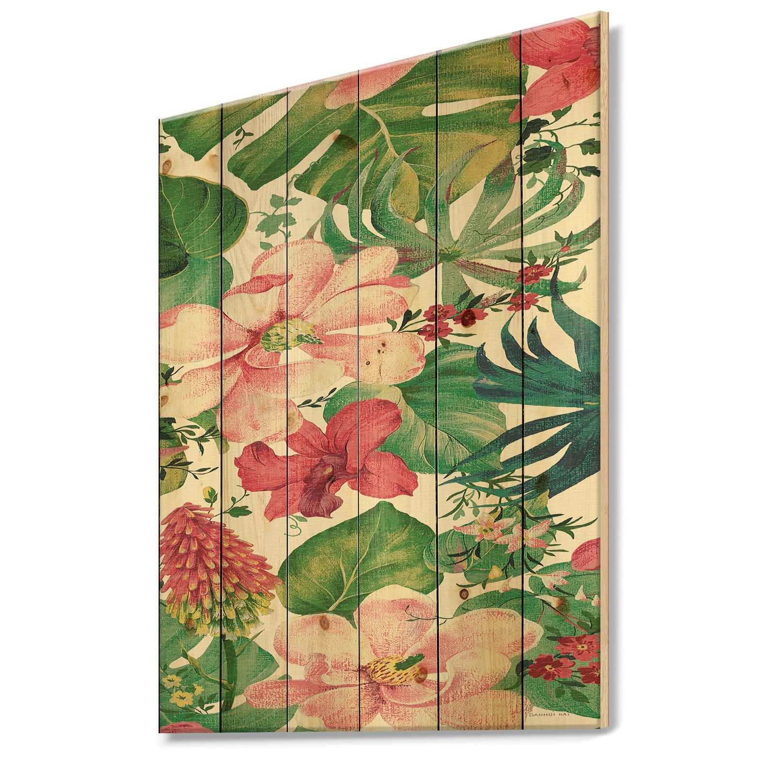 Tropical Red and Pink Flowers - Cabin & Lodge Print on Natural Pine Wood