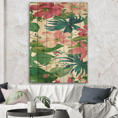 Pink Tropical Flowers - Cabin & Lodge Print on Natural Pine Wood