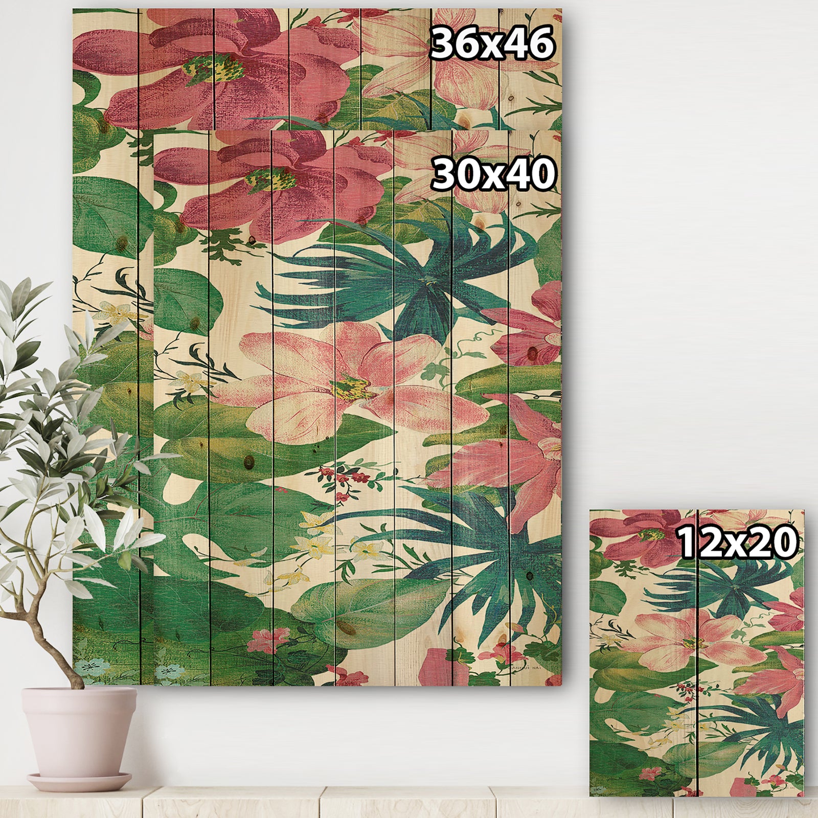 Pink Tropical Flowers - Cabin & Lodge Print on Natural Pine Wood