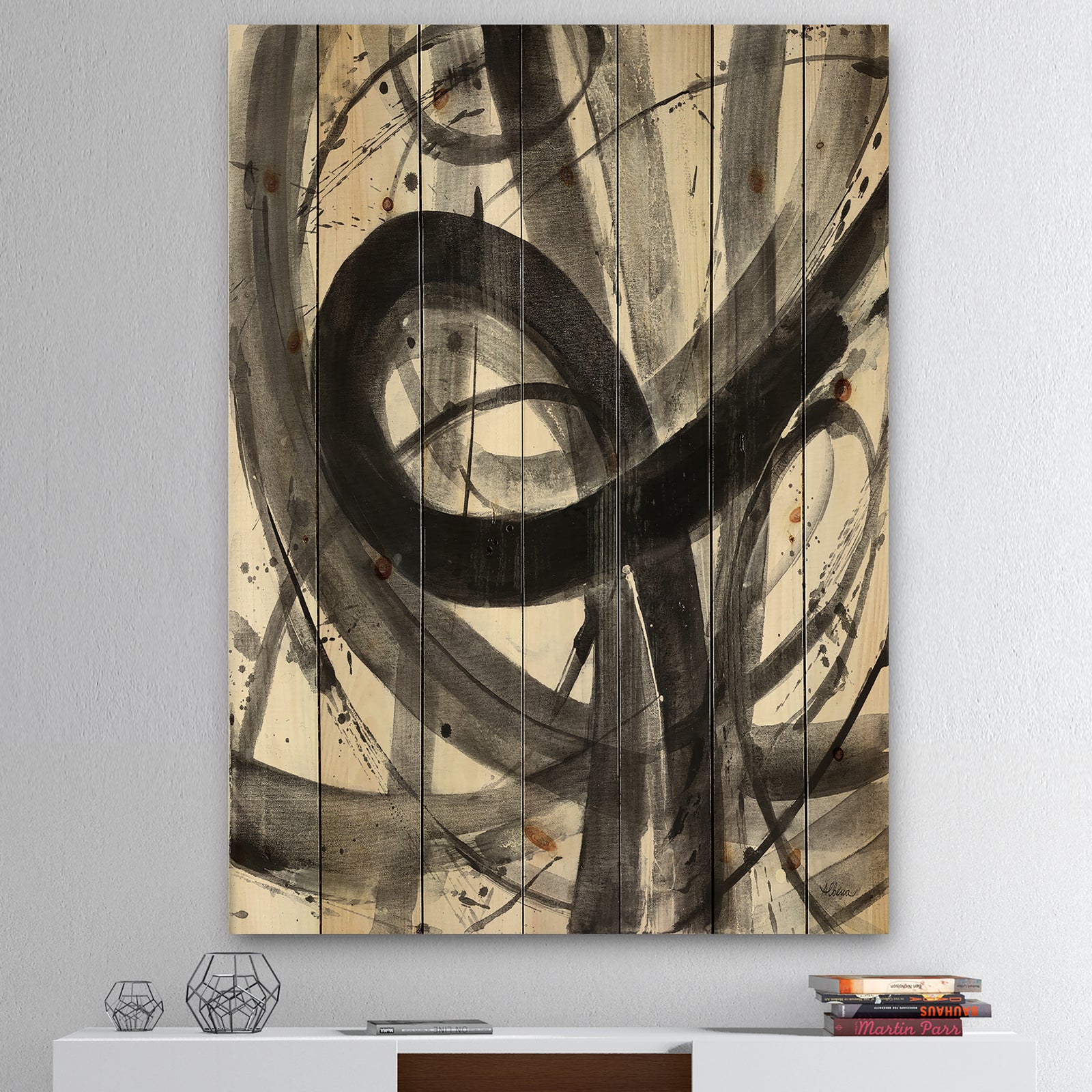 Black and White Minimalistic Painting - Modern & Transitional Print on Natural Pine Wood