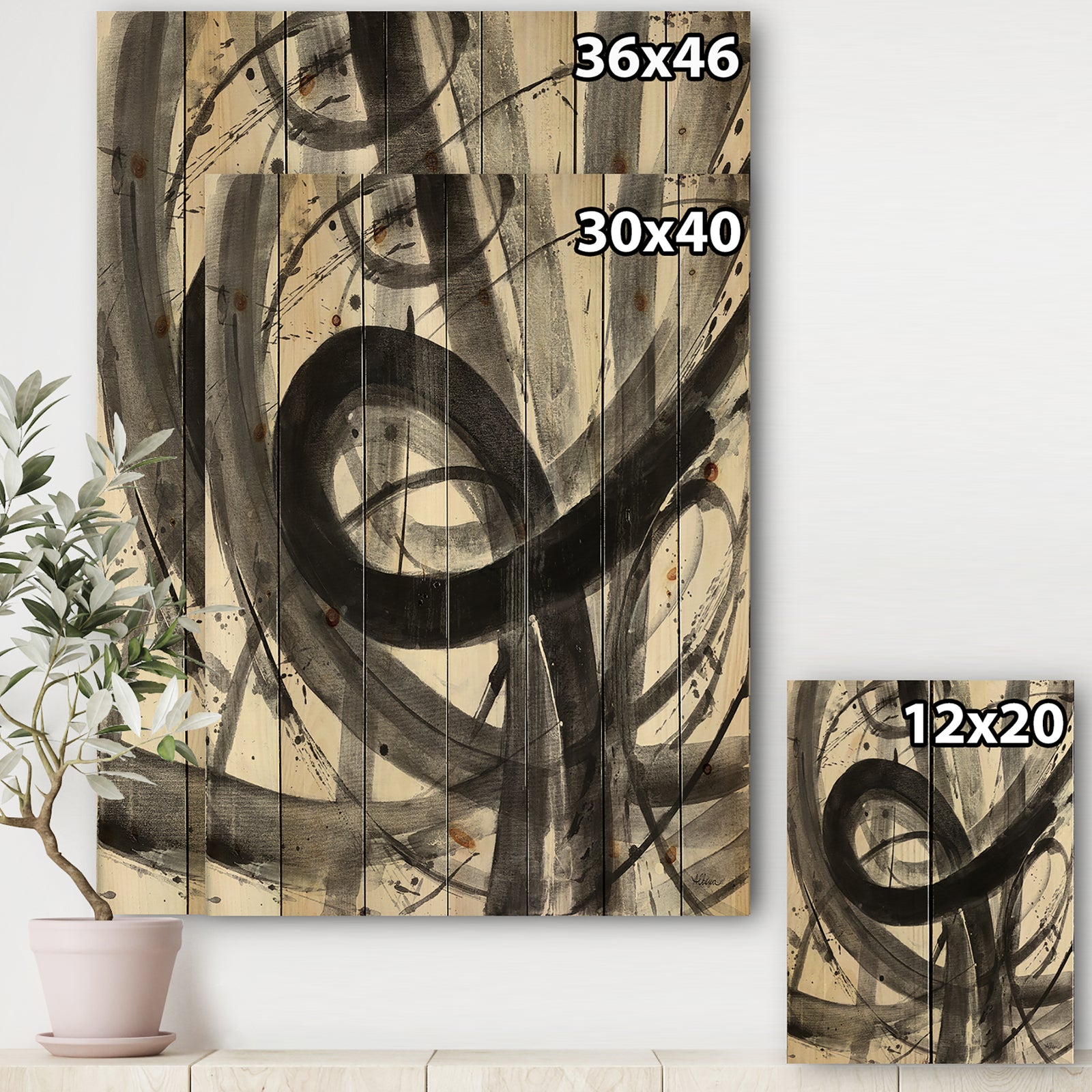 Black and White Minimalistic Painting - Modern & Transitional Print on Natural Pine Wood