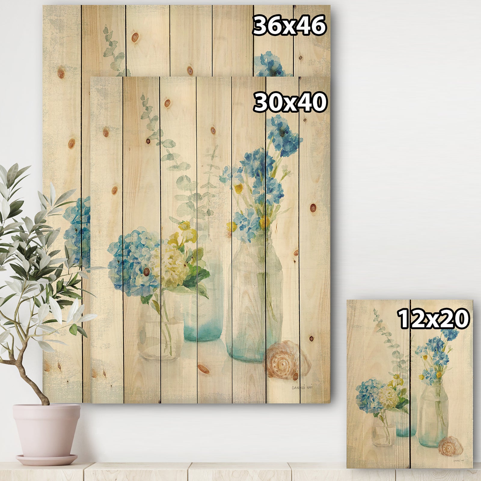Cottage Florals III - Farmhouse Print on Natural Pine Wood
