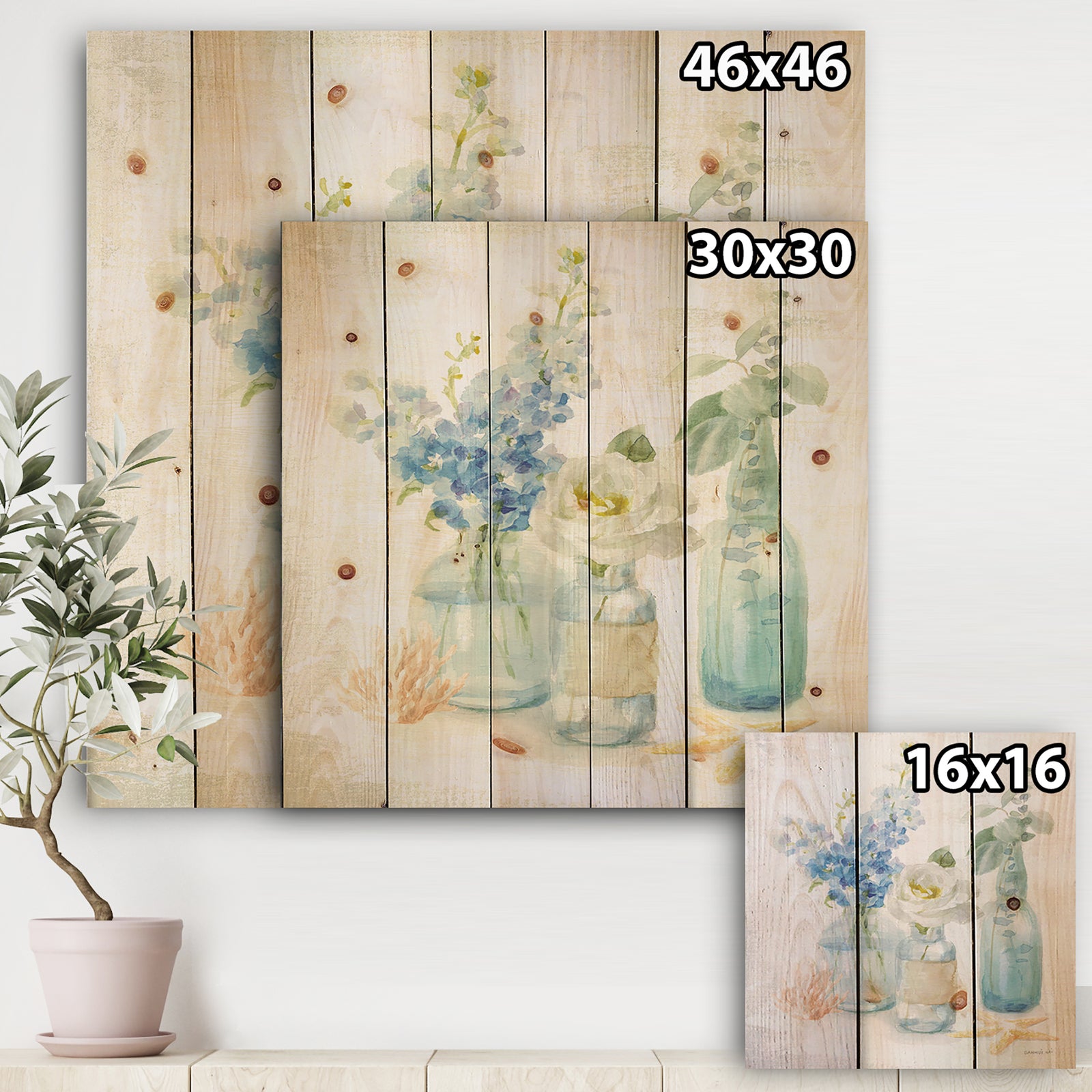Cottage Florals II - Farmhouse Print on Natural Pine Wood