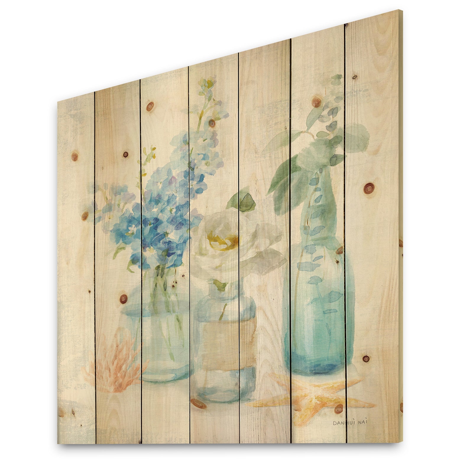 Cottage Florals II - Farmhouse Print on Natural Pine Wood