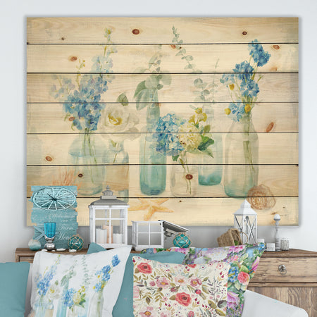 Cottage Florals I - Farmhouse Print on Natural Pine Wood