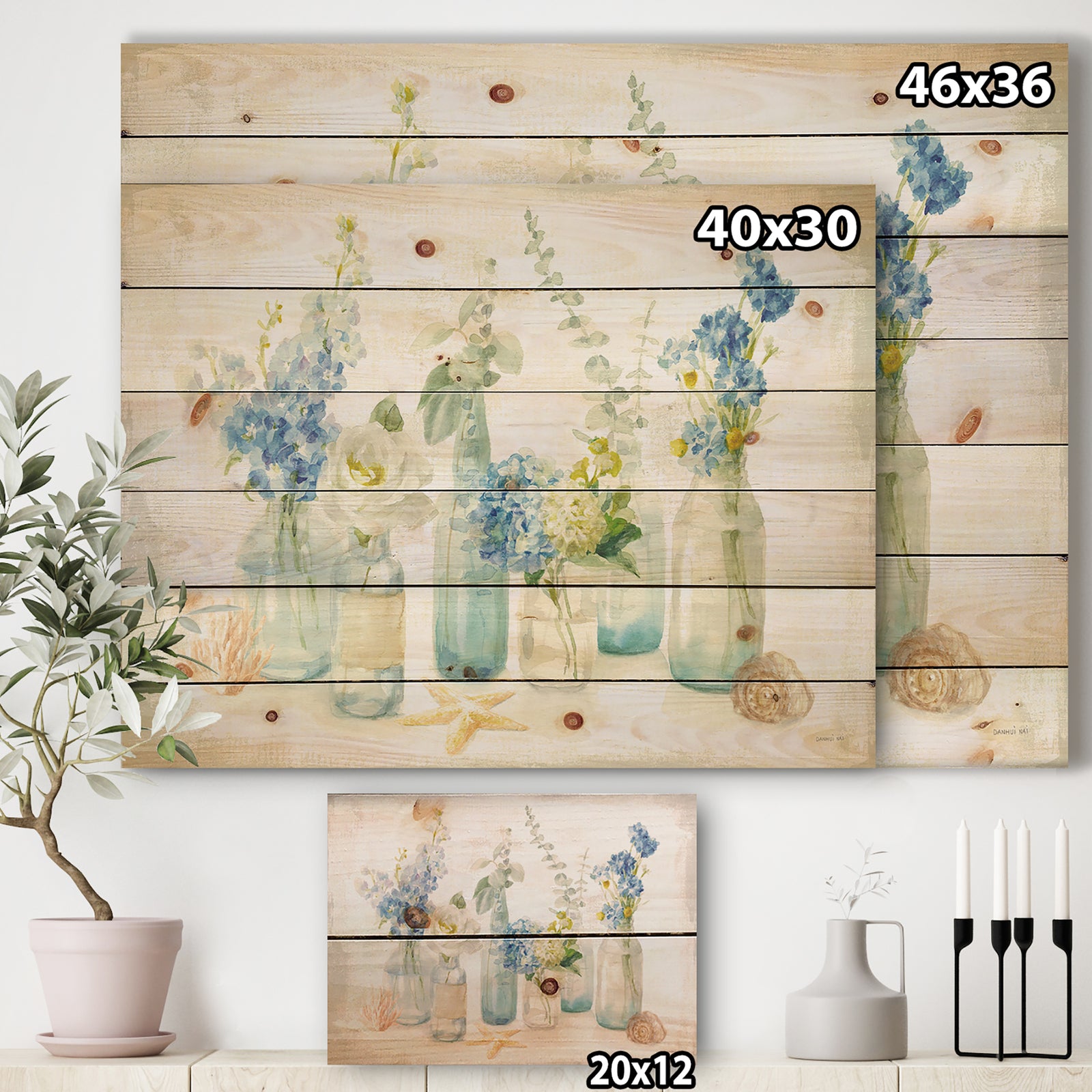 Cottage Florals I - Farmhouse Print on Natural Pine Wood