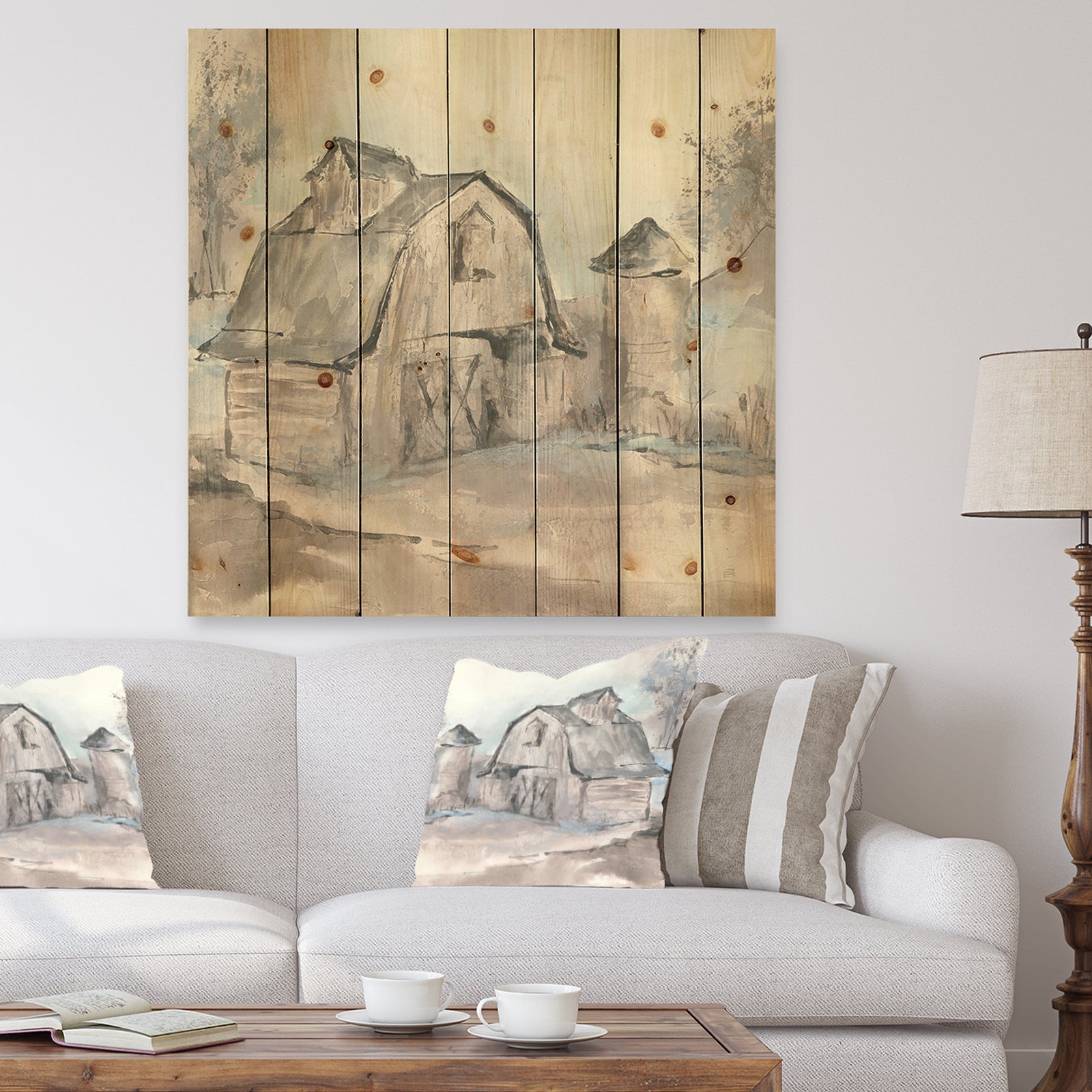 Farmhouse Barn Grey V - Modern Farmhouse Print on Natural Pine Wood
