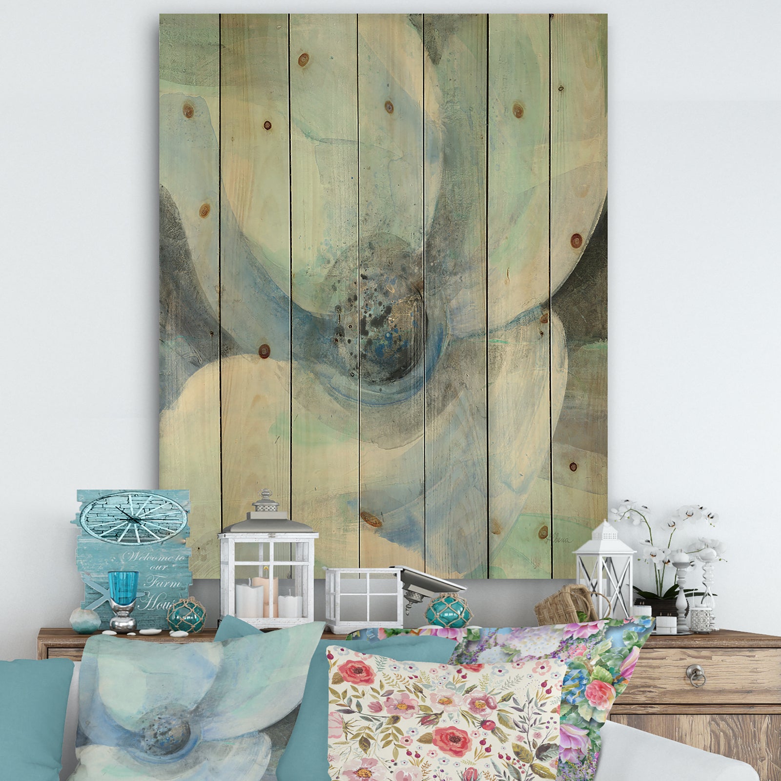 Watercolor Moonlight Magnolia II - Farmhouse Print on Natural Pine Wood