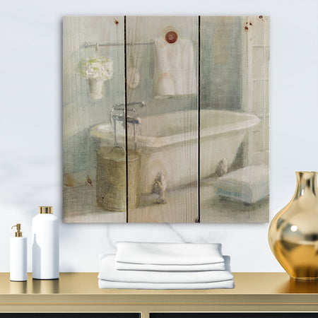 Pastel Bath I - Bathroom Print on Natural Pine Wood