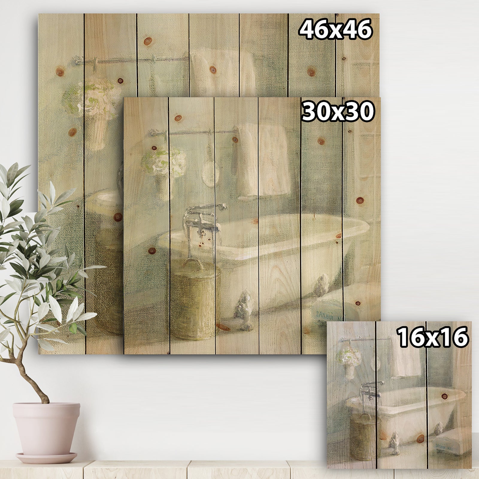 Pastel Bath I - Bathroom Print on Natural Pine Wood