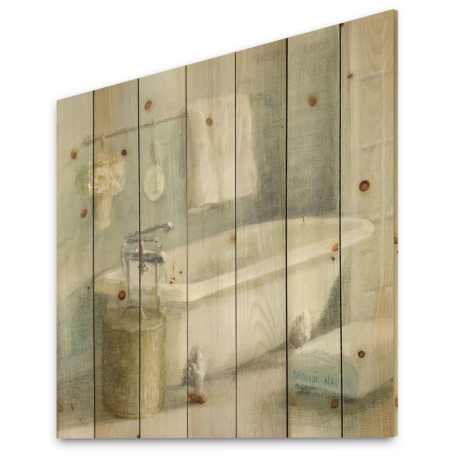 Pastel Bath I - Bathroom Print on Natural Pine Wood