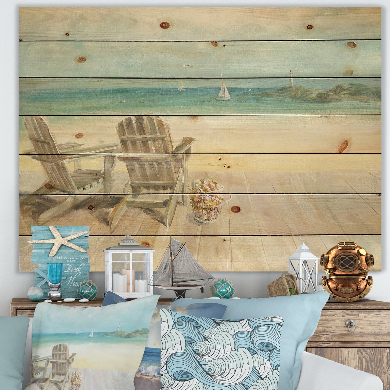Seaside Morning no Window - Coastal Print on Natural Pine Wood