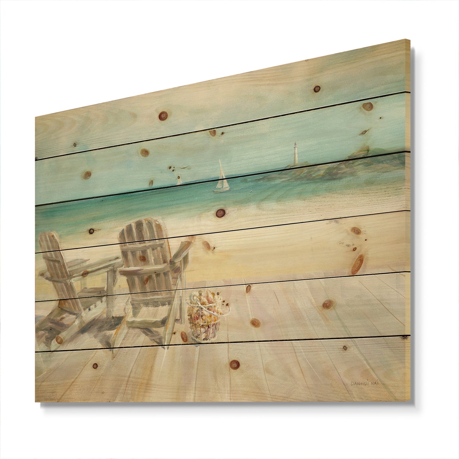 Seaside Morning no Window - Coastal Print on Natural Pine Wood