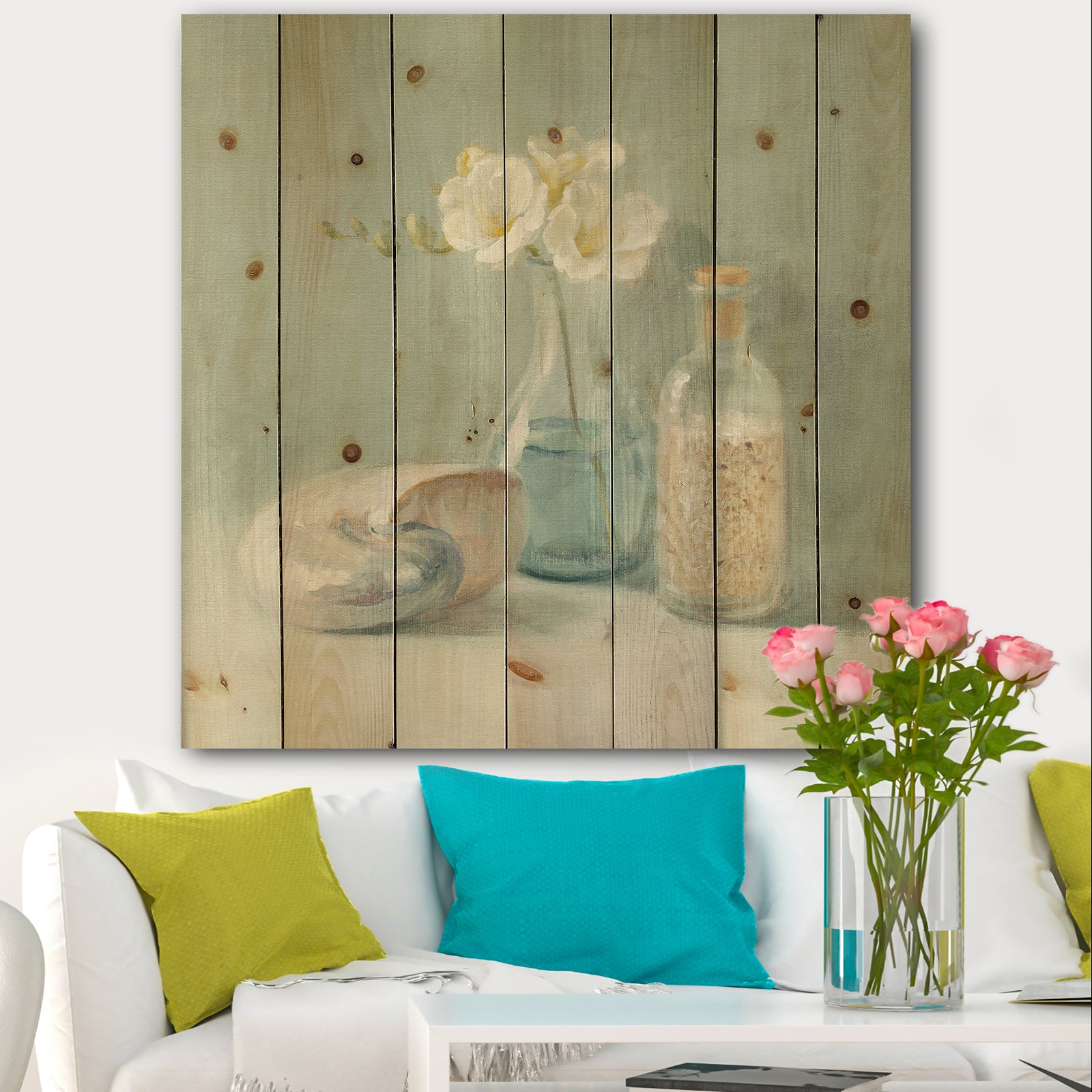 Pastel Bath II - Nautical & Beach Print on Natural Pine Wood