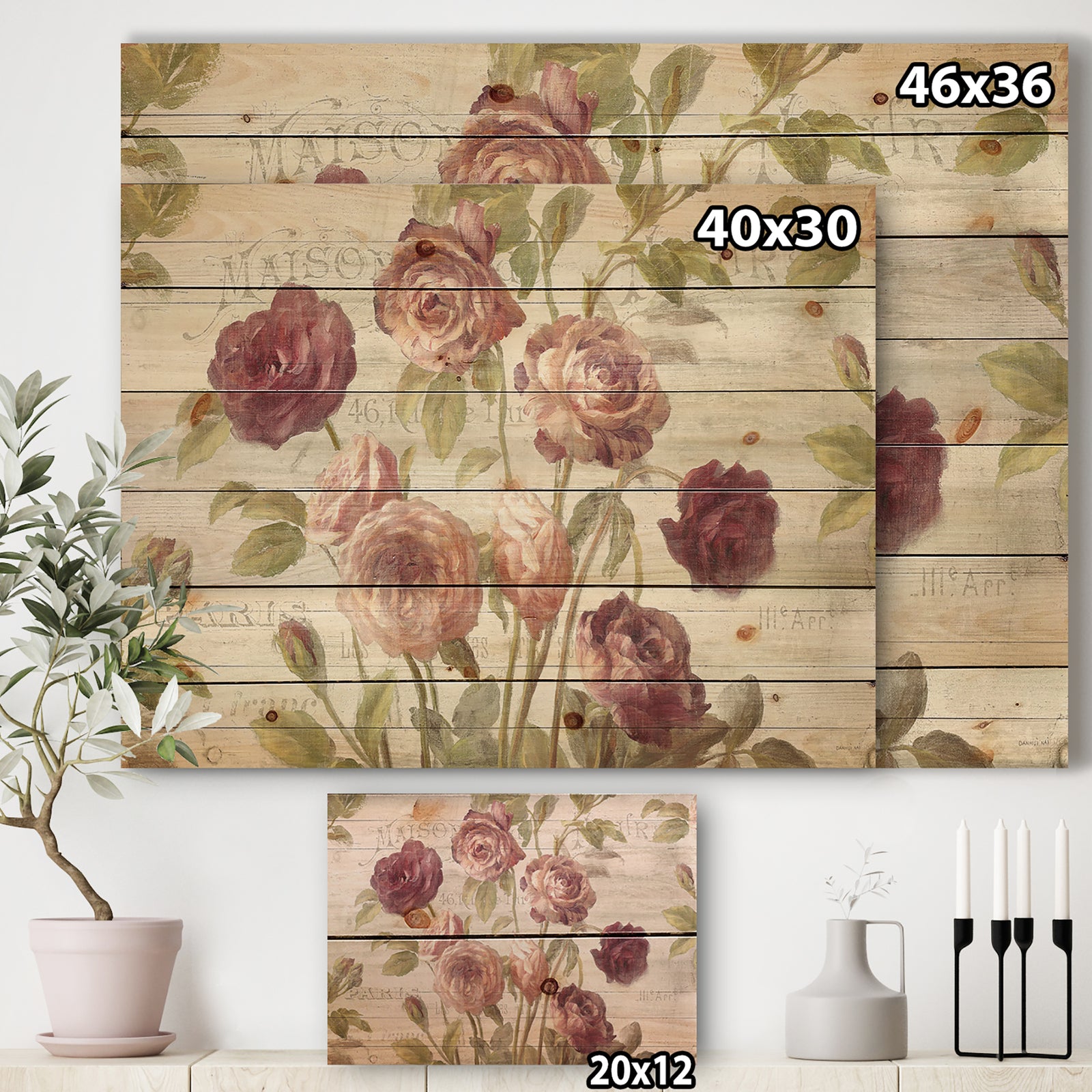 French Roses I - Farmhouse Print on Natural Pine Wood