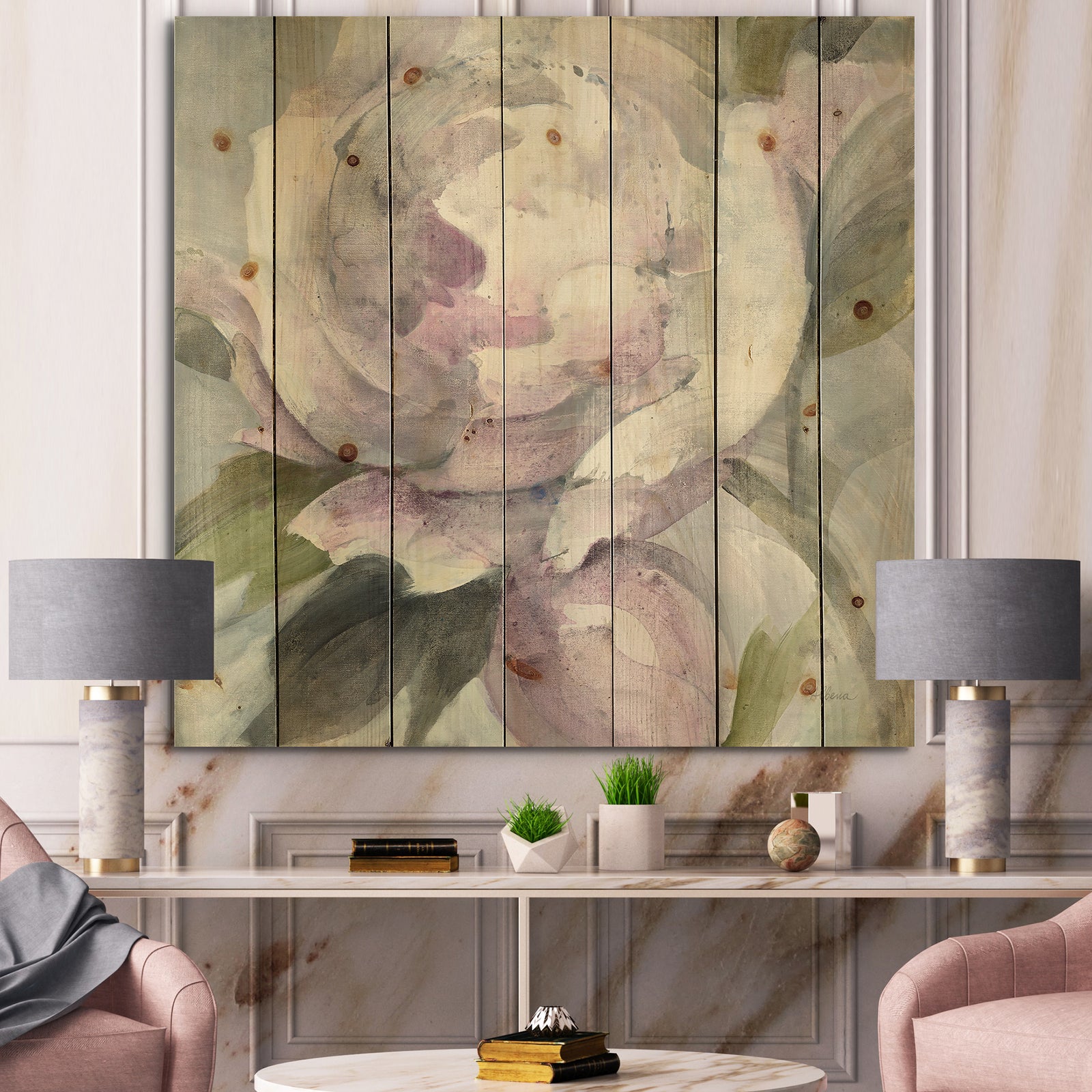 Twilight Peony - Shabby Chic Print on Natural Pine Wood