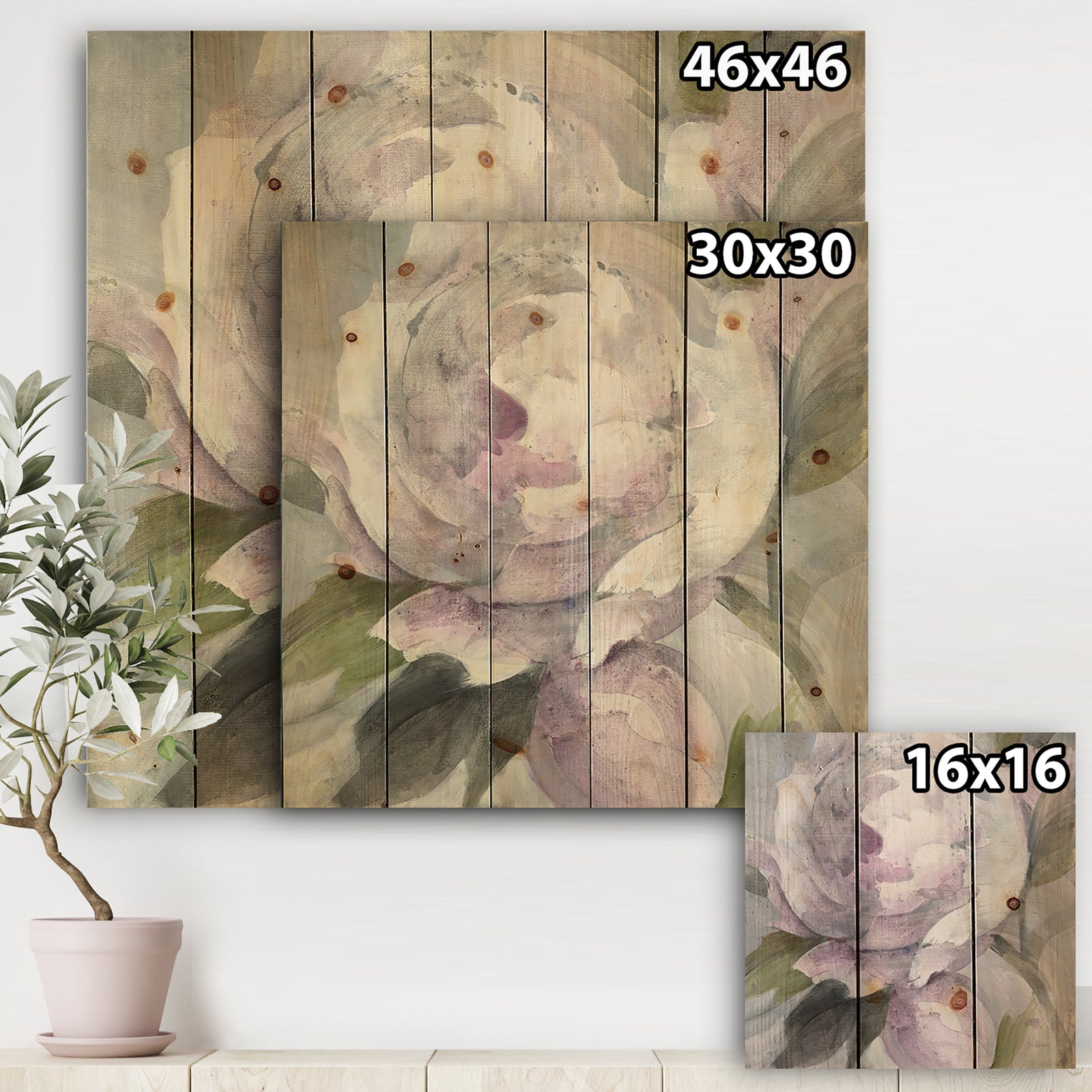 Twilight Peony - Shabby Chic Print on Natural Pine Wood