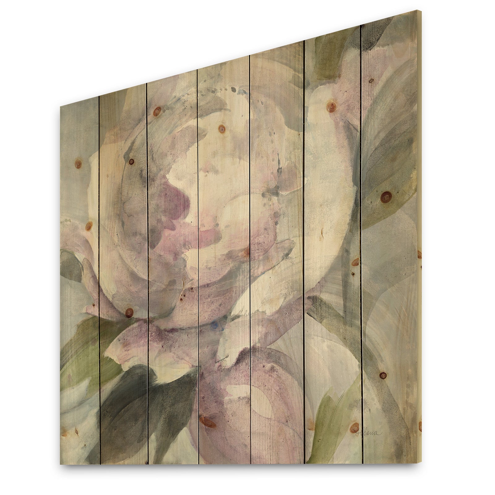 Twilight Peony - Shabby Chic Print on Natural Pine Wood