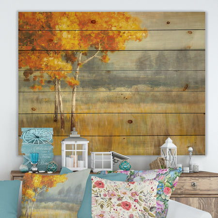 Autumn Landscape - Farmhouse Print on Natural Pine Wood