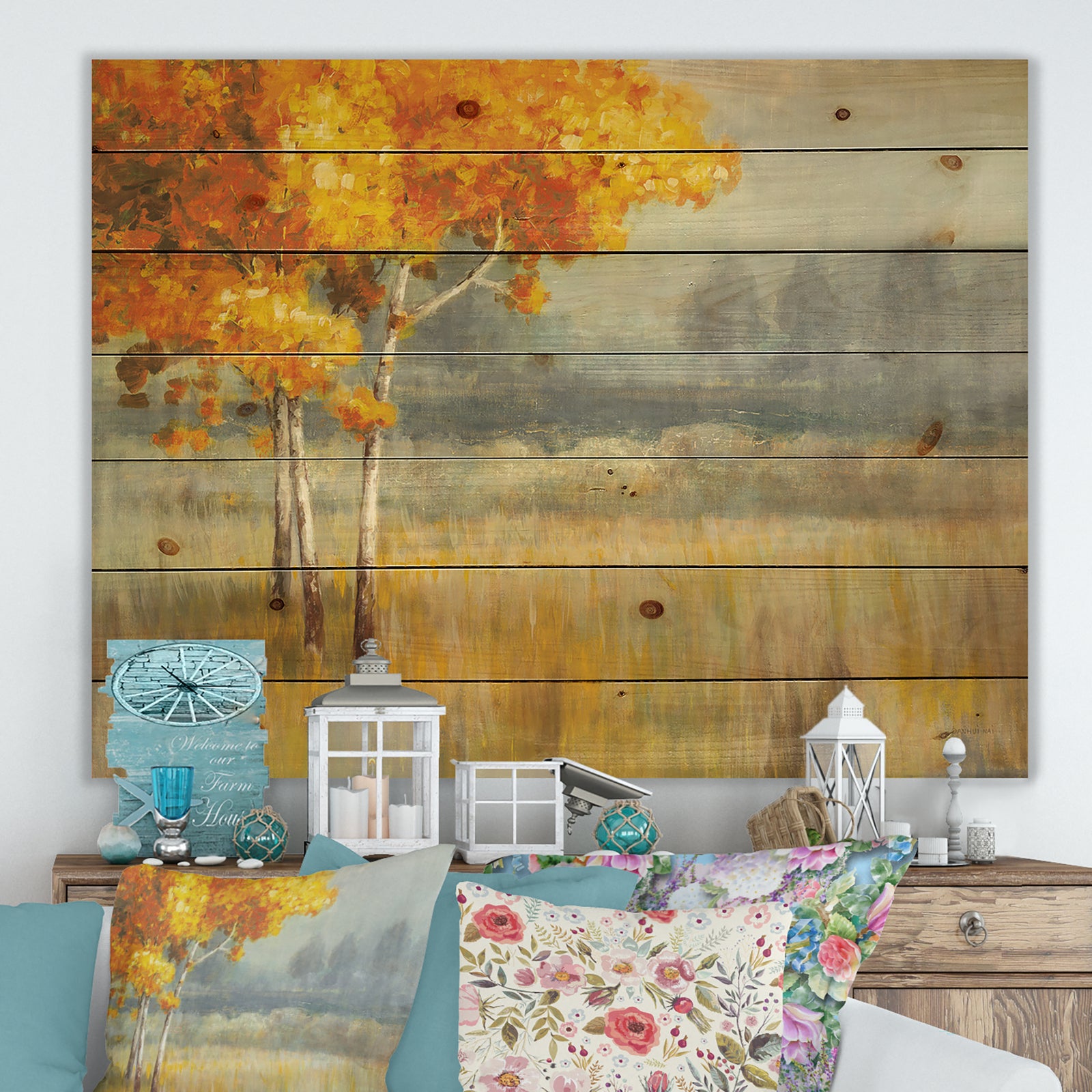 Autumn Landscape - Farmhouse Print on Natural Pine Wood