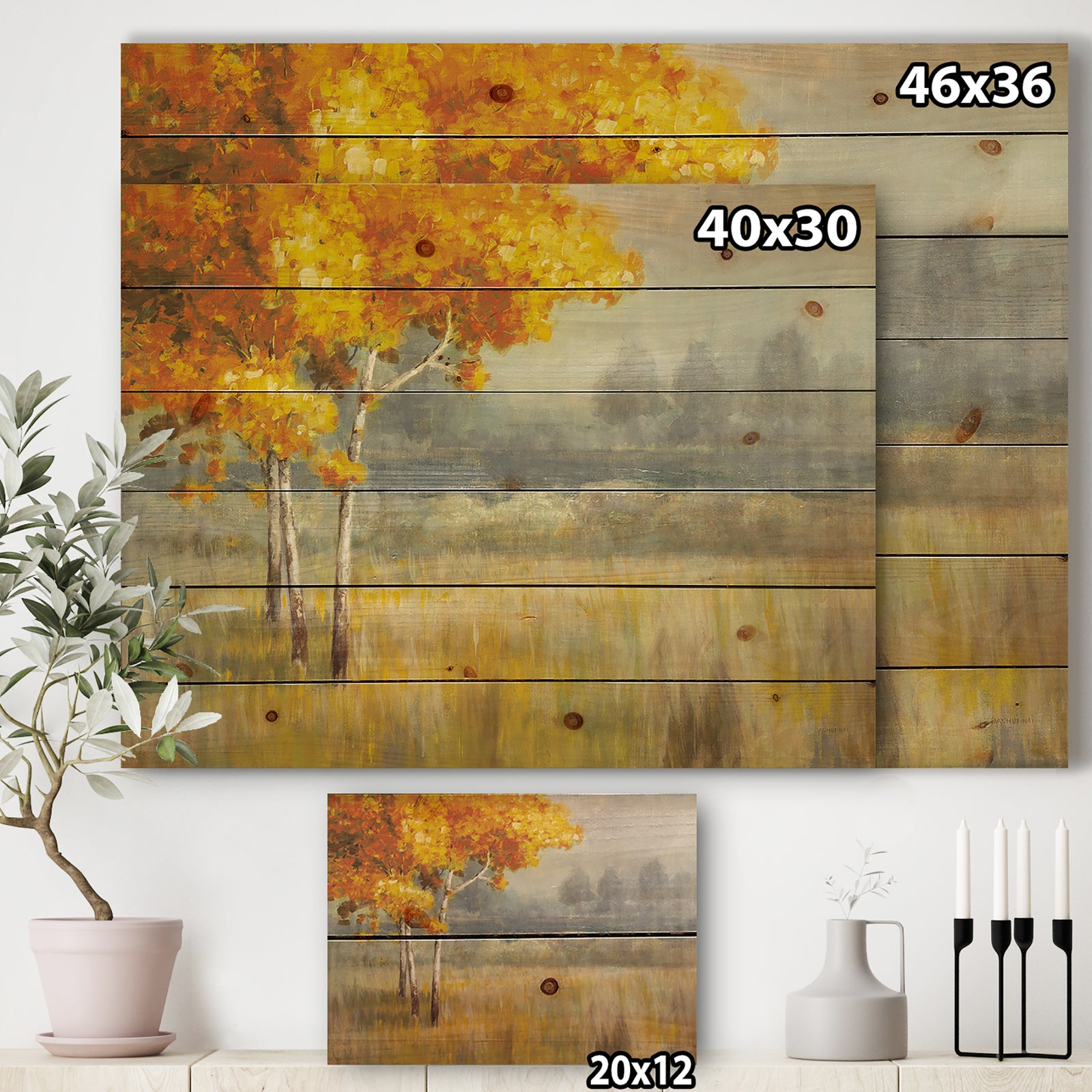 Autumn Landscape - Farmhouse Print on Natural Pine Wood