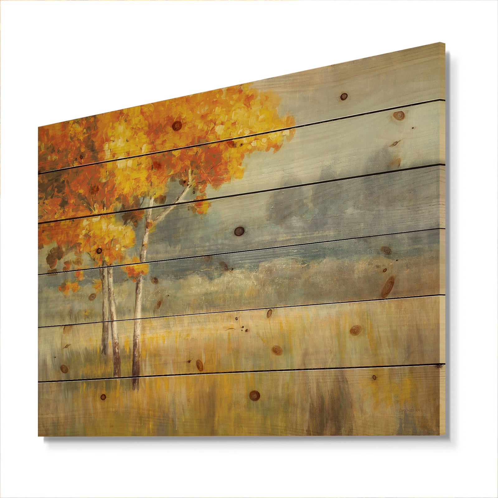 Autumn Landscape - Farmhouse Print on Natural Pine Wood