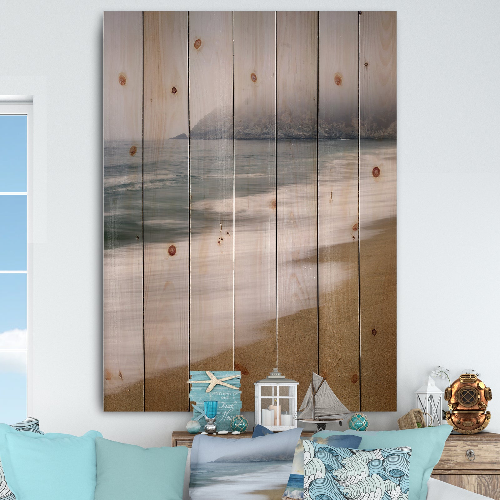 Gray Whale Cove - Nautical & Coastal Print on Natural Pine Wood