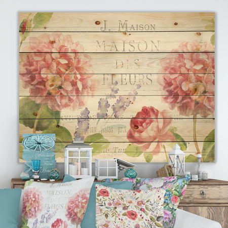 Maison Des Fleurs II - Farmhouse Print on Natural Pine Wood