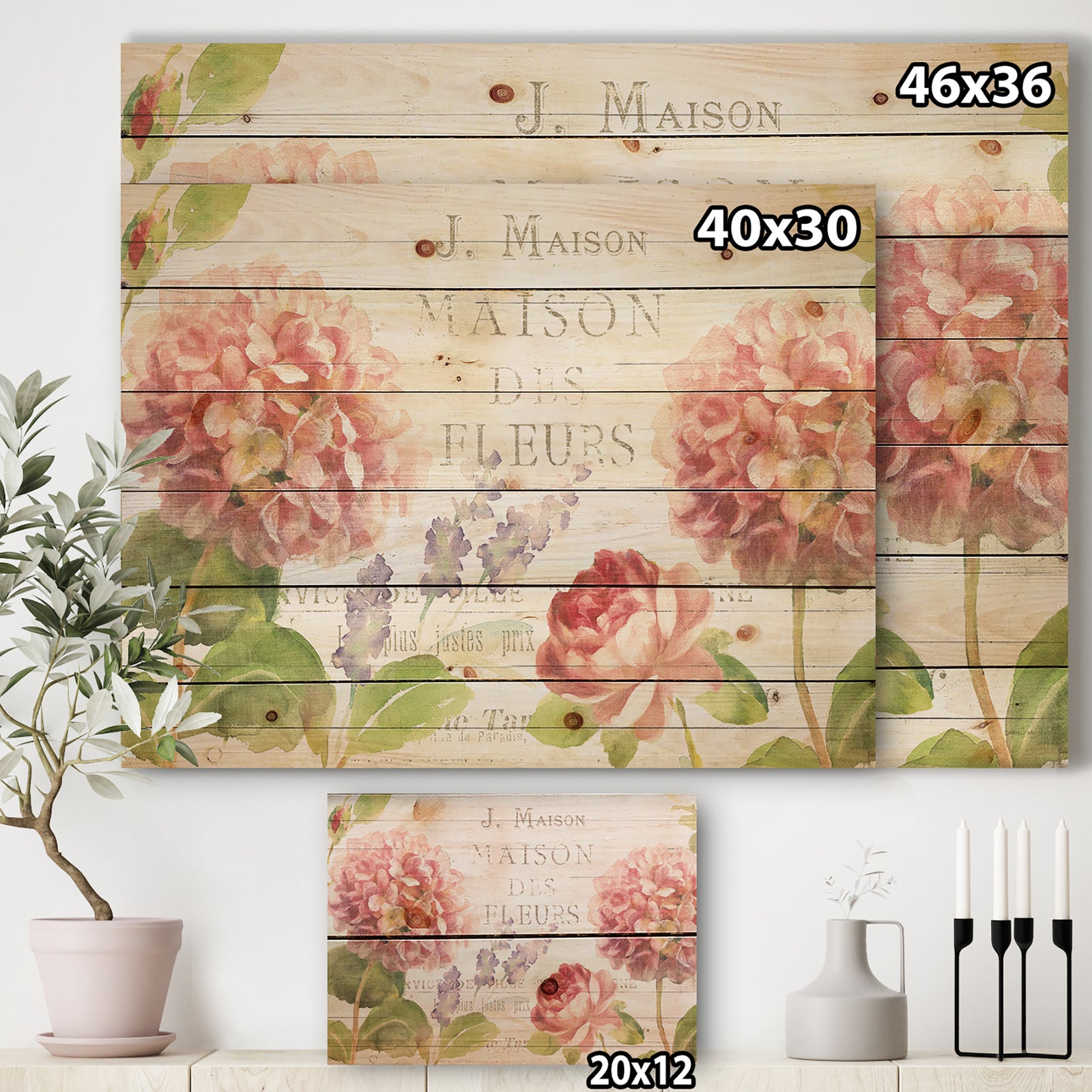 Maison Des Fleurs II - Farmhouse Print on Natural Pine Wood