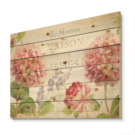 Maison Des Fleurs II - Farmhouse Print on Natural Pine Wood