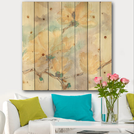 Magnolias in White II - Cabin & Lodge Print on Natural Pine Wood