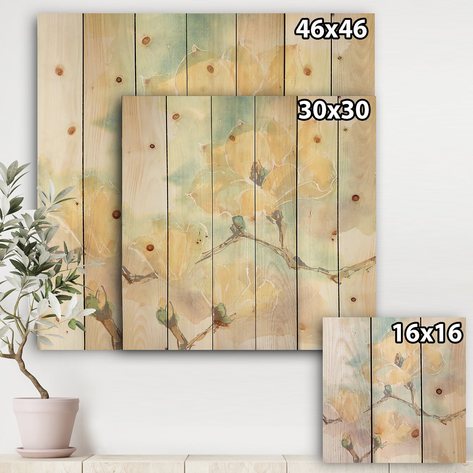 Magnolias in White I - Cabin & Lodge Print on Natural Pine Wood
