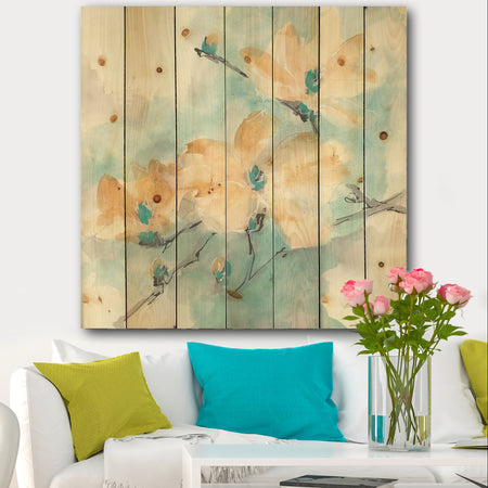 Teal Buds II - Cabin & Lodge Print on Natural Pine Wood