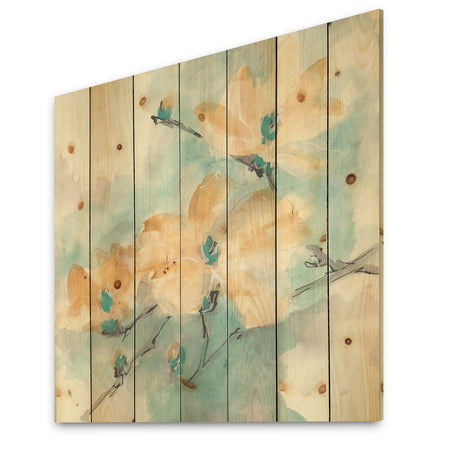 Teal Buds II - Cabin & Lodge Print on Natural Pine Wood