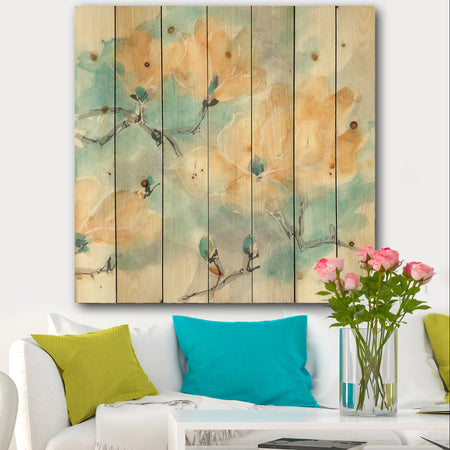 Teal Buds I - Cabin & Lodge Print on Natural Pine Wood