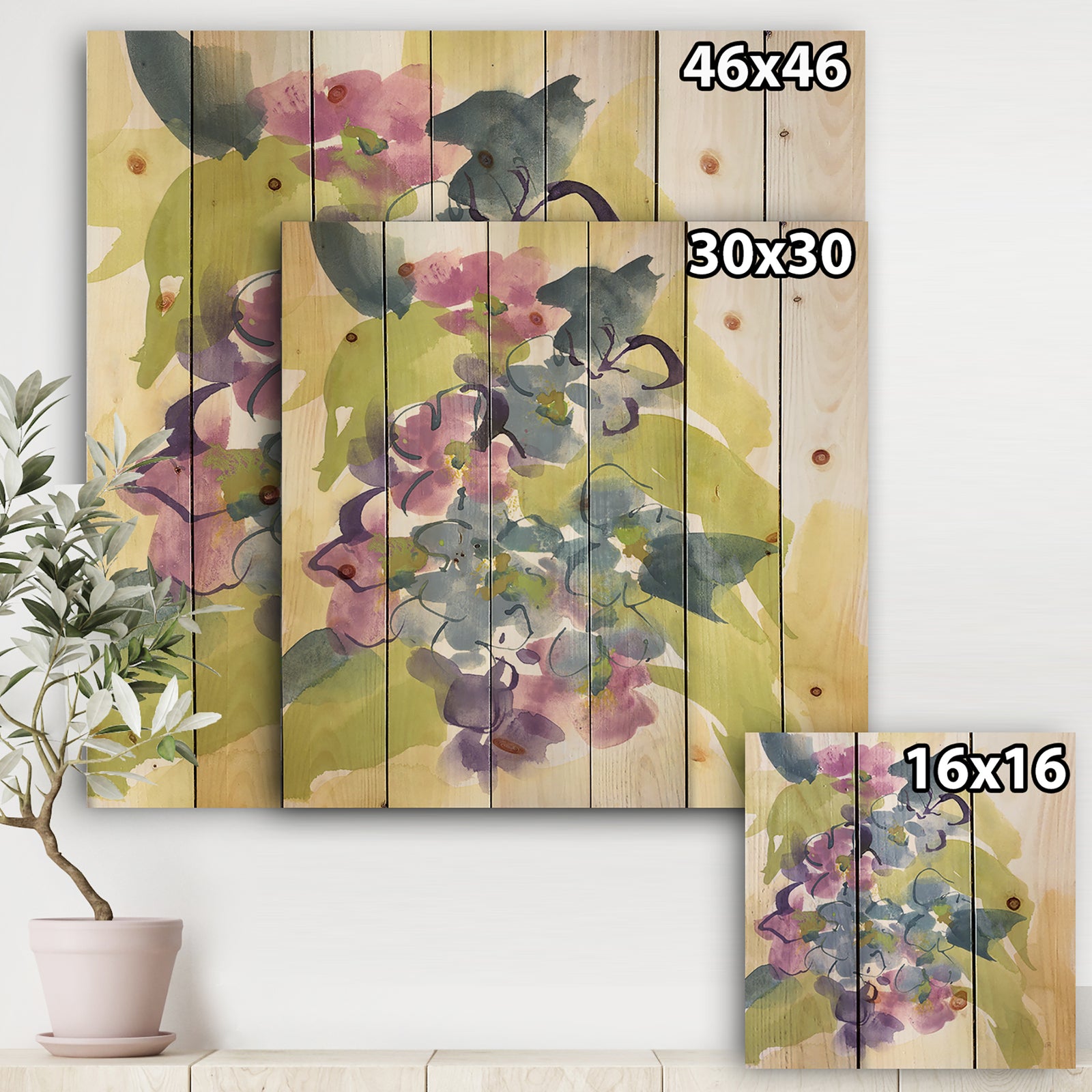 Spring Bouquet II - Traditional Print on Natural Pine Wood