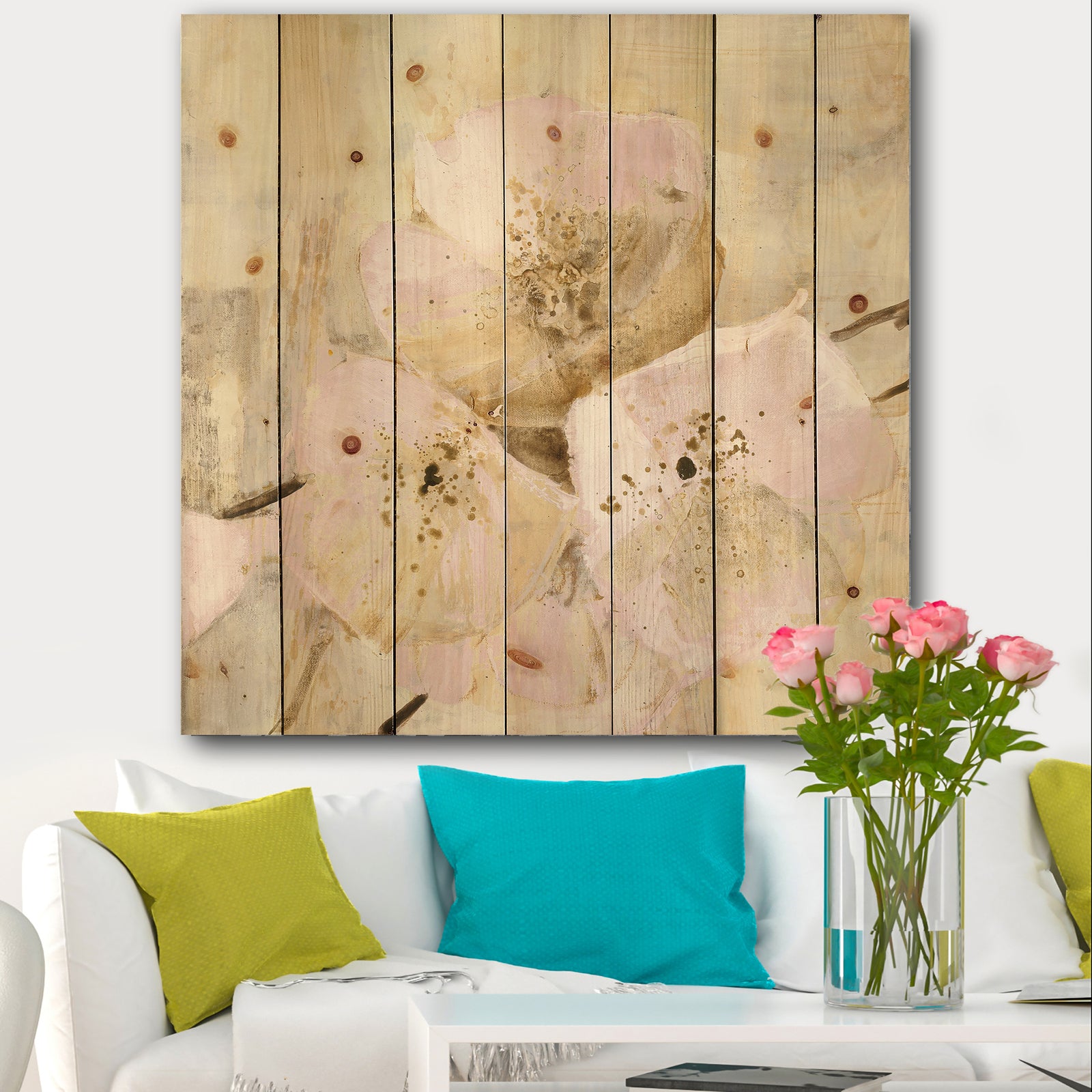 Elegance III Pink - Shabby Chic Print on Natural Pine Wood