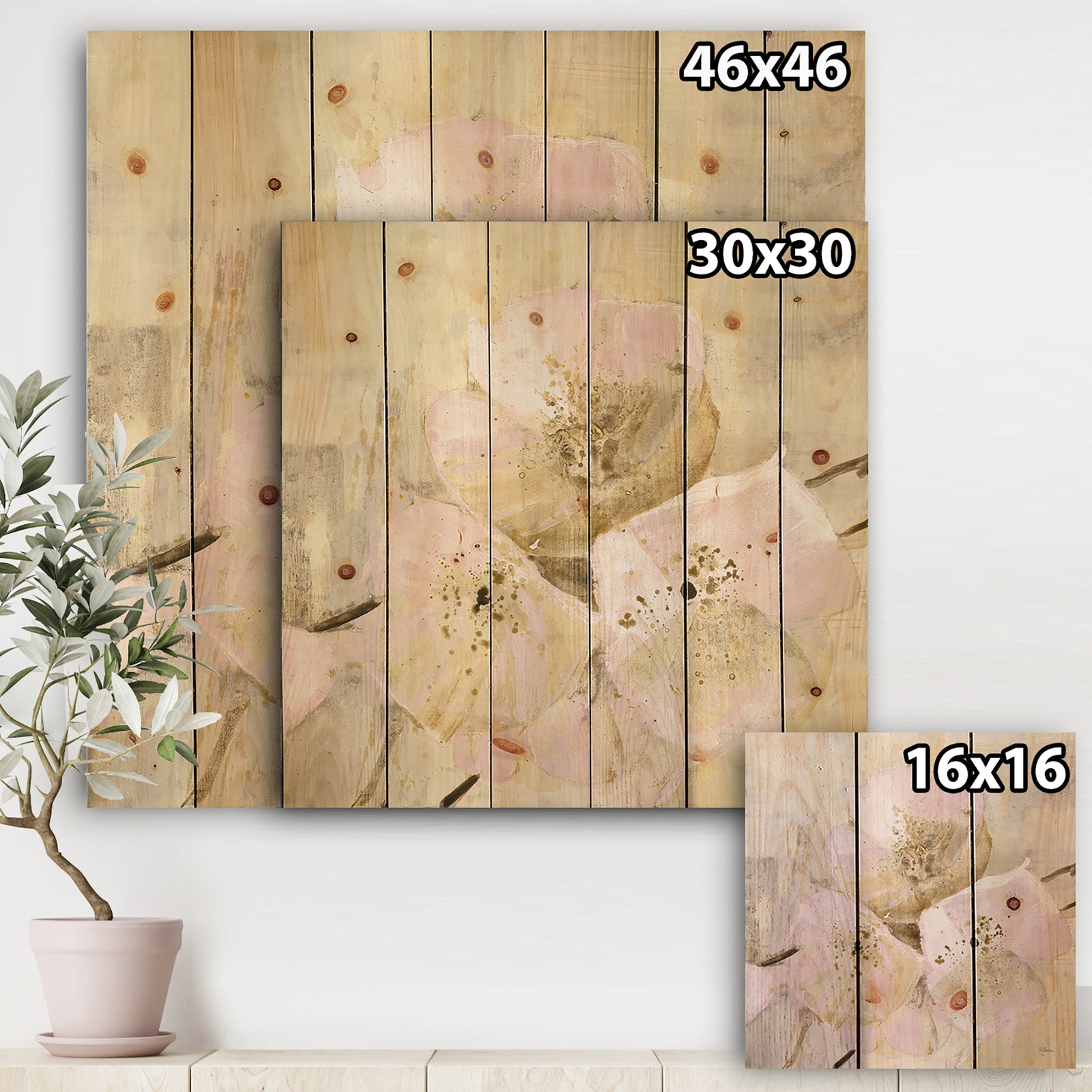 Elegance III Pink - Shabby Chic Print on Natural Pine Wood