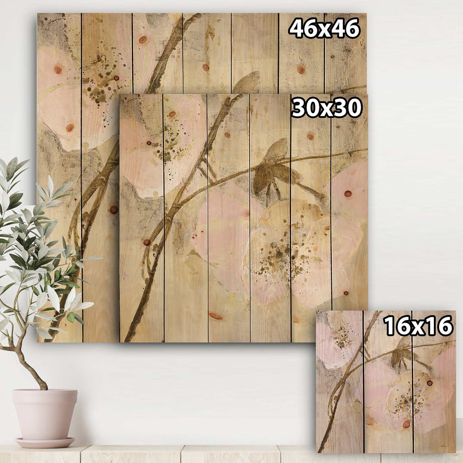 Elegance II Pink - Shabby Chic Print on Natural Pine Wood