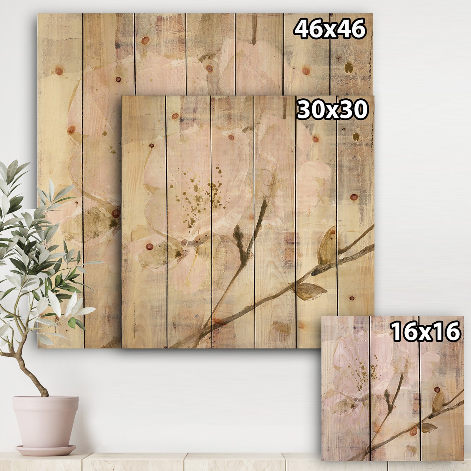 Elegance I Pink - Shabby Chic Print on Natural Pine Wood