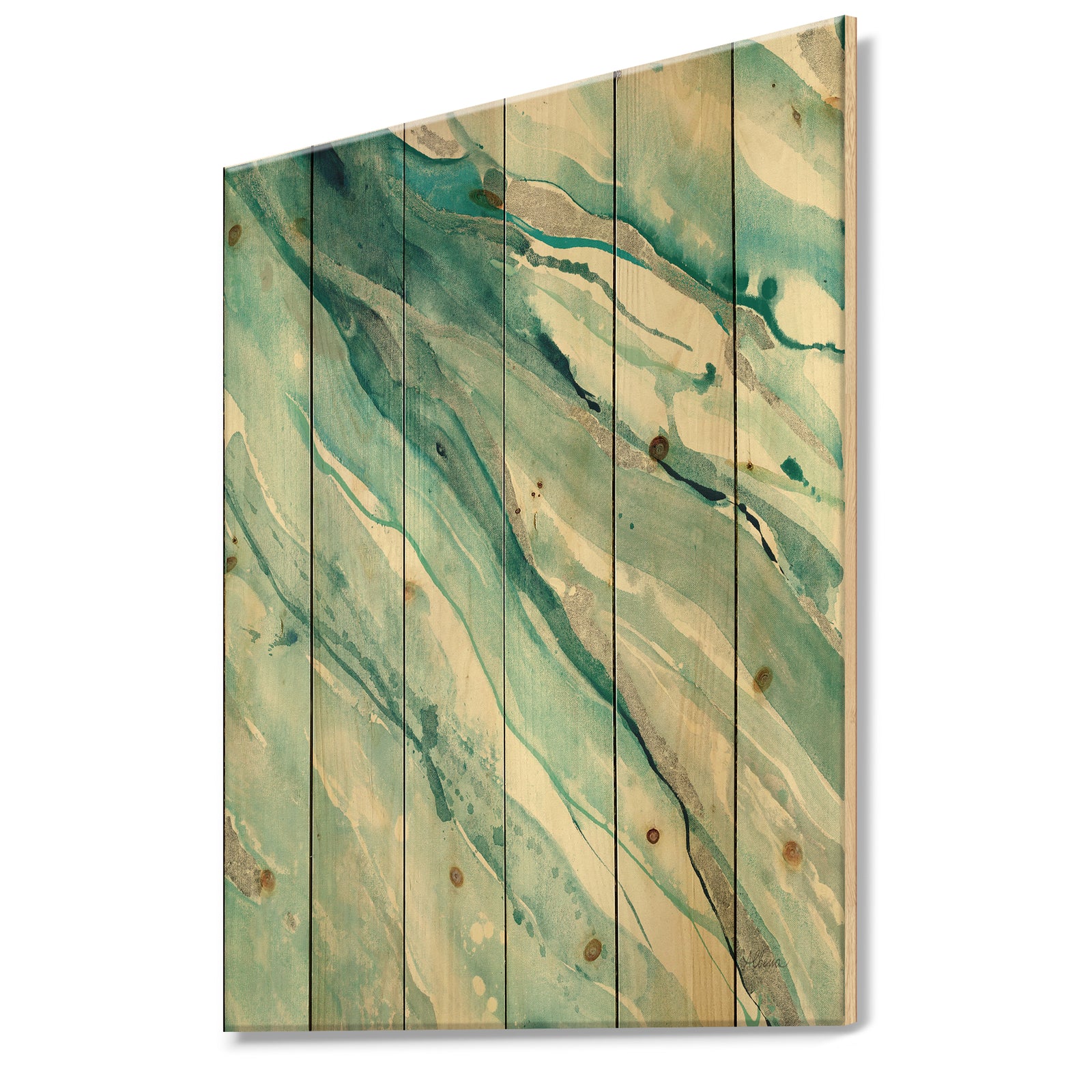 Silver Springs II Blue Green - Nautical & Coastal Print on Natural Pine Wood