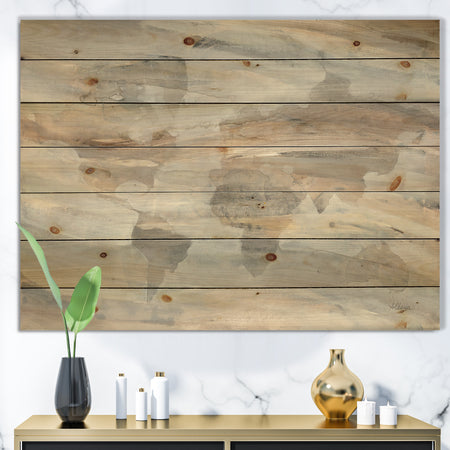 Misty World Map - Glam Map Print on Natural Pine Wood