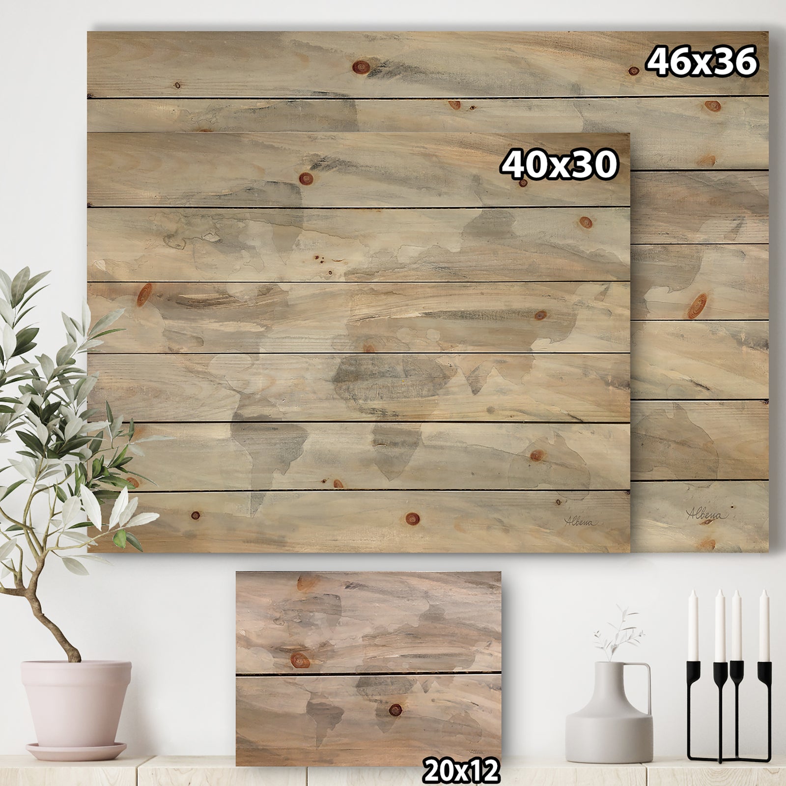 Misty World Map - Glam Map Print on Natural Pine Wood