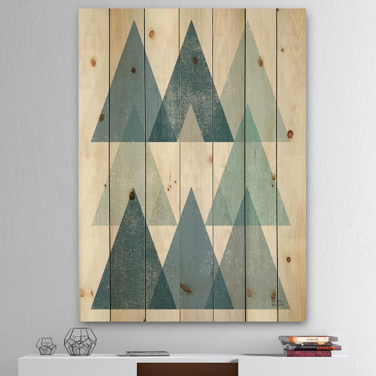 minimal Triangles IV Blue - Mid-Century Modern Print on Natural Pine Wood