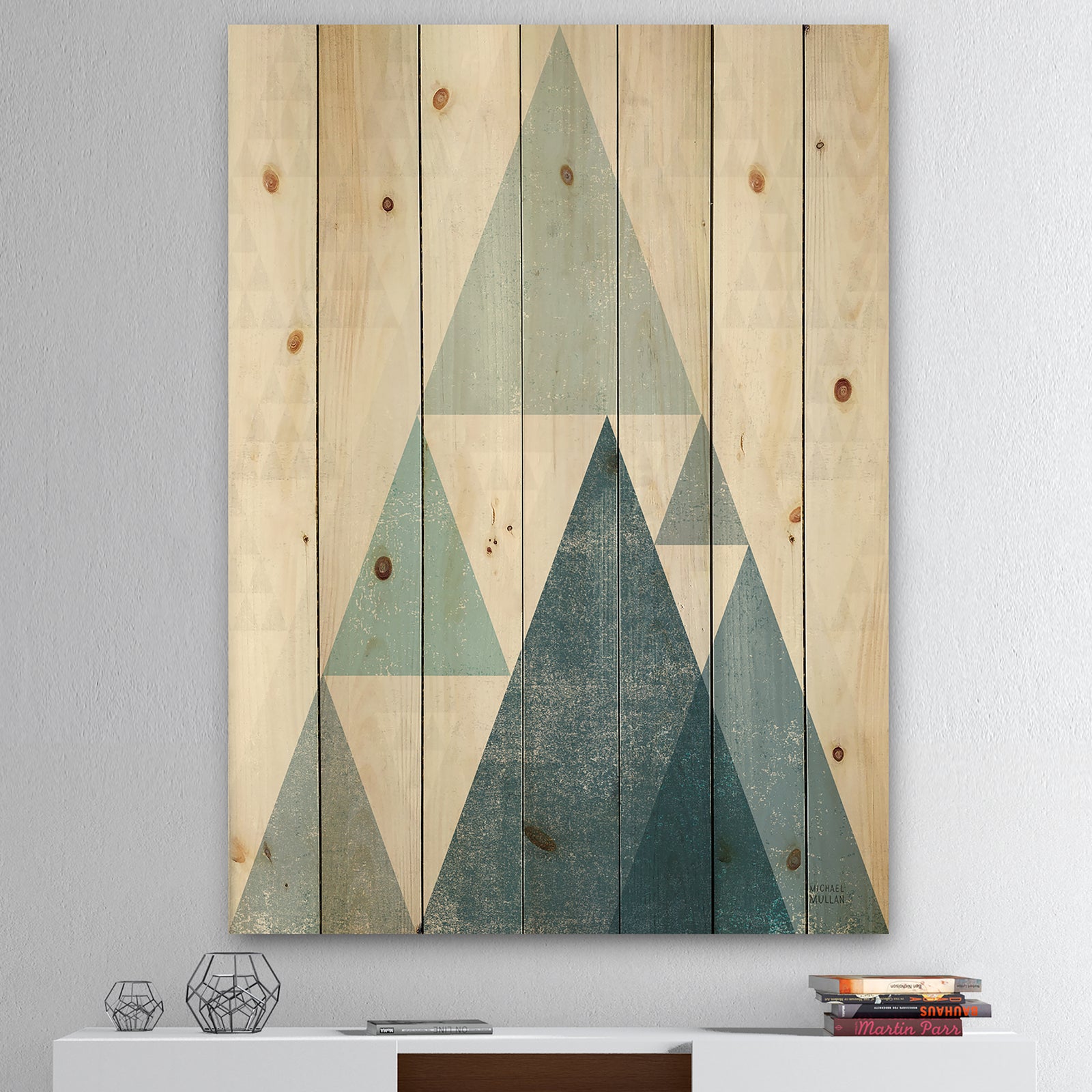 minimal Triangles III Blue - Mid-Century Modern Print on Natural Pine Wood