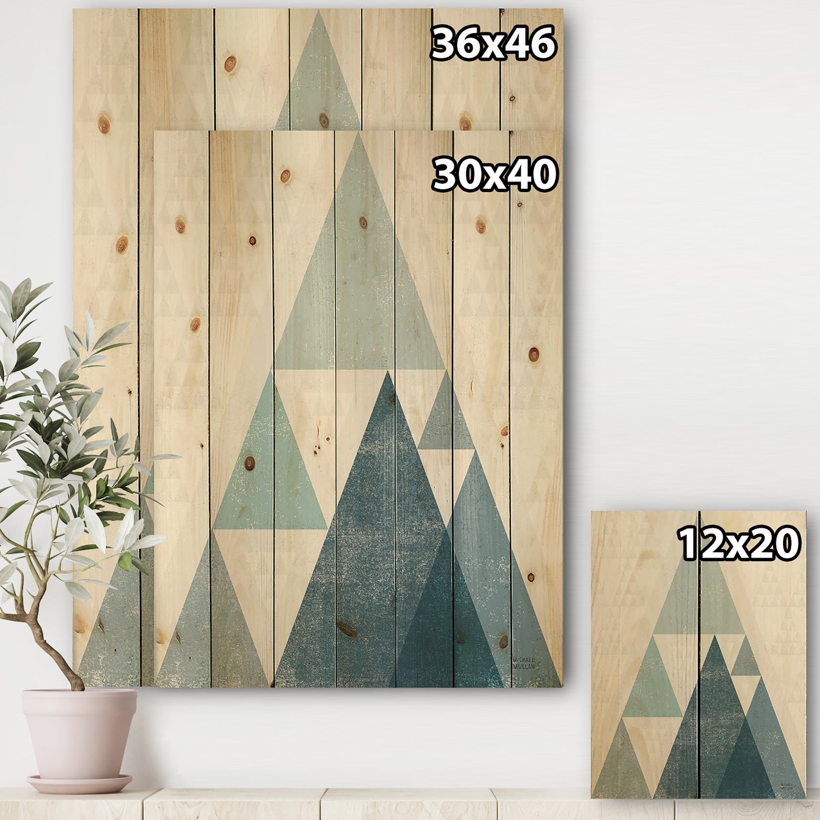 minimal Triangles III Blue - Mid-Century Modern Print on Natural Pine Wood