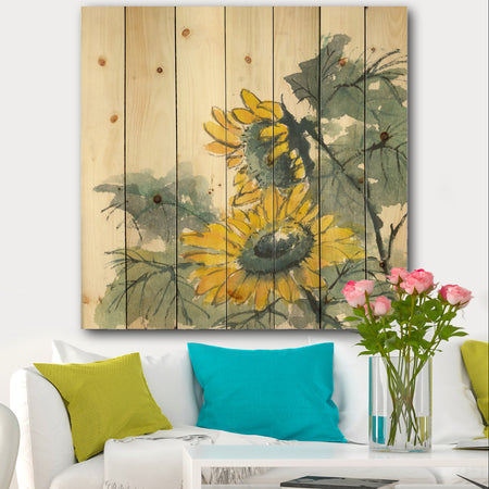 Tradionnal Sunflower II - Cabin & Lodge Print on Natural Pine Wood