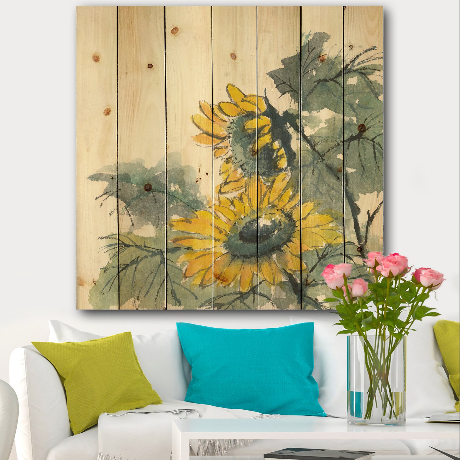 Tradionnal Sunflower II - Cabin & Lodge Print on Natural Pine Wood